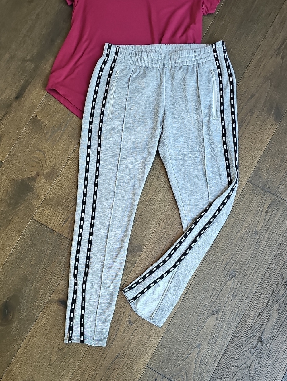 Victoria’s Secret PINK Track Pants Gray Logo Stripe Zip Ankle Joggers Athleisure